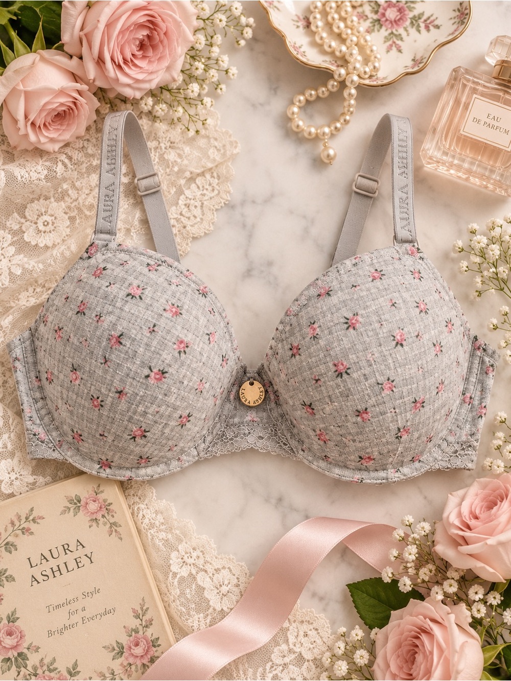 NWT Laura Ashley 34C Floral Padded Push-Up Bra Grey Pink Lace